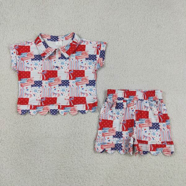 GSSO3599 RTS toddler clothes flag girl 4th of July  patriotic scalloped summer shorts set