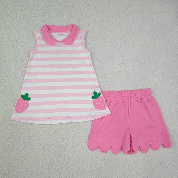 RTS GSSO3631 toddler girl clothes strawberry embroidery sleeveless shorts outfit