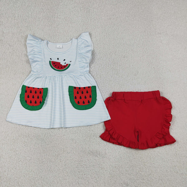 GSSO3636 RTS Kids girl clothes watermelon embroidery toddler girl summer shorts set