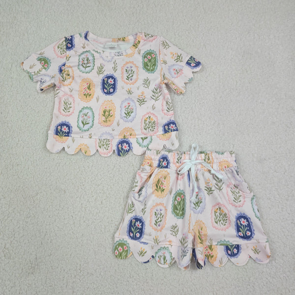 RTS GSSO3643 kids girl clothes floral summer shorts set scalloped outfit