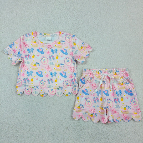 GSSO3657 RTS kids clothes beach time girl summer outfit  clothing set scalloped shorts set