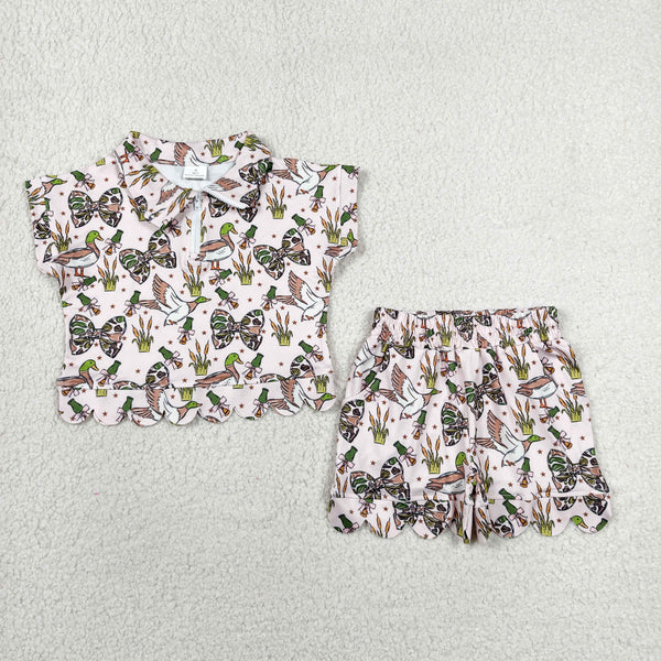 GSSO3669 RTS kids clothes mallard girl summer outfit  clothing set scalloped summer shorts set