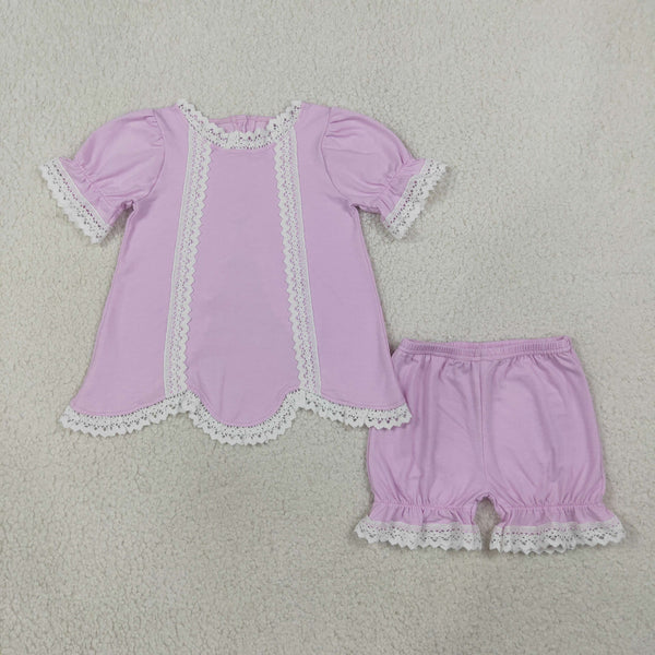 RTS GSSO3681 kids girl clothes cotton pink lace summer shorts set