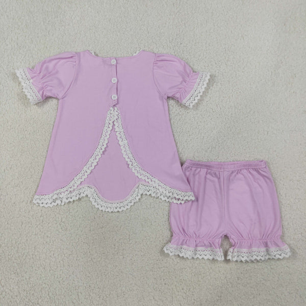 RTS GSSO3681 kids girl clothes cotton pink lace summer shorts set