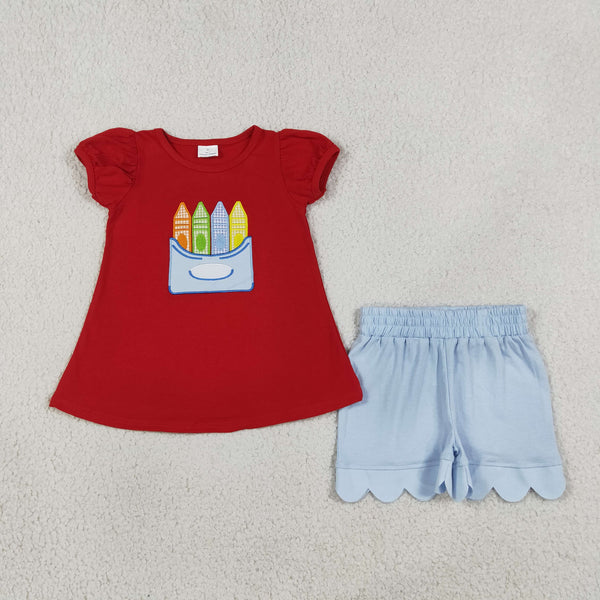GSSO3727 RTS baby clothes crayon embroidery toddler girl back to school summer outfit