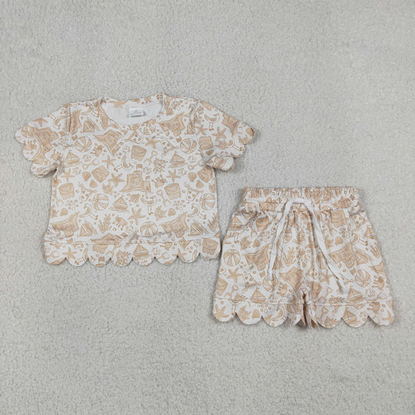 GSSO3728 RTS kids clothes beach  girl summer outfit scalloped summer shorts set