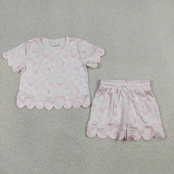 GSSO3729 RTS kids clothes shell girl summer outfit scalloped shorts set