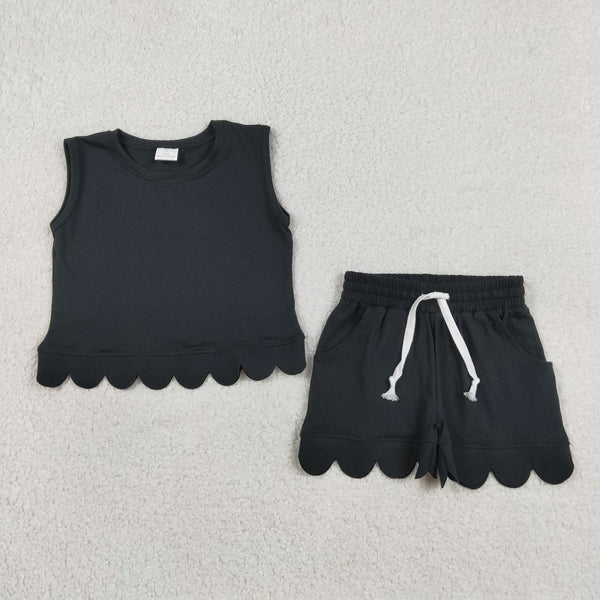 GSSO3733 RTS kids clothes black scalloped  girl summer outfit  clothing set shorts set
