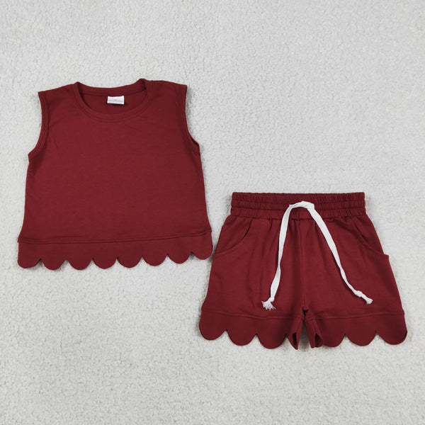 GSSO3734 RTS kids clothes wine red cotton girl summer outfit  clothing set scalloped shorts set