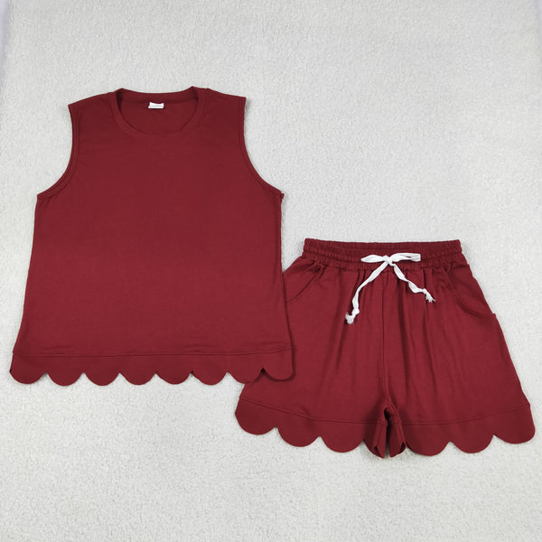 GSSO3735 RTS adult clothes red cotton scalloped adult women  summer set summer shorts set
