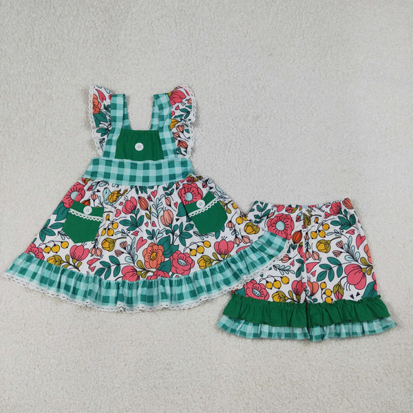 GSSO3738 Pay attention to the sizes RTS kids girl clothes green floral girl summer shorts set