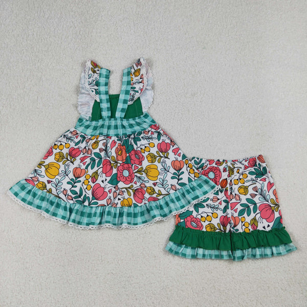 GSSO3738 Pay attention to the sizes RTS kids girl clothes green floral girl summer shorts set