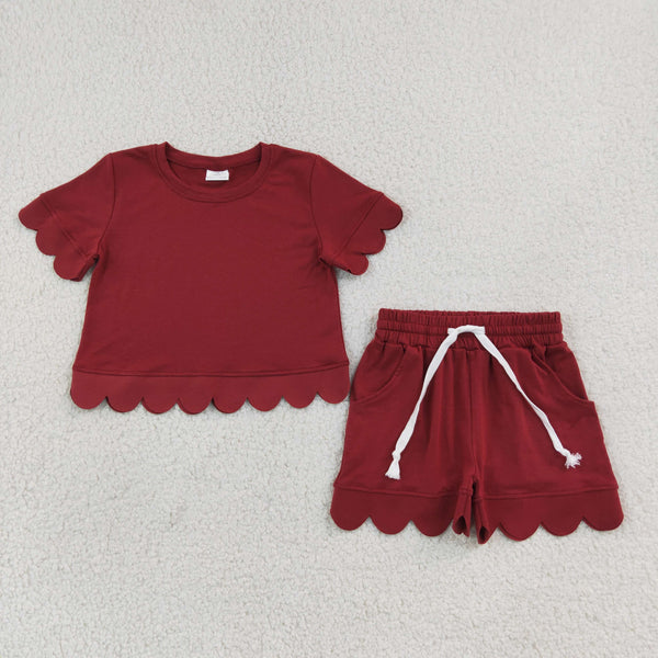 RTS GSSO3778  kids clothes red cotton girl summer outfit  clothing set scalloped shorts set