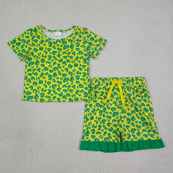 RTS GSSO3812 toddler girl clothes green leopard girl summer shorts set