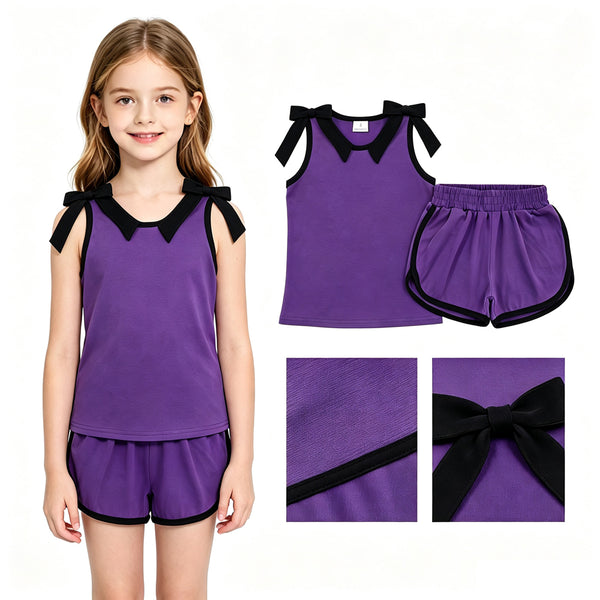 GSSO3815 RTS kids girl clothes cotton purple girl summer shorts set