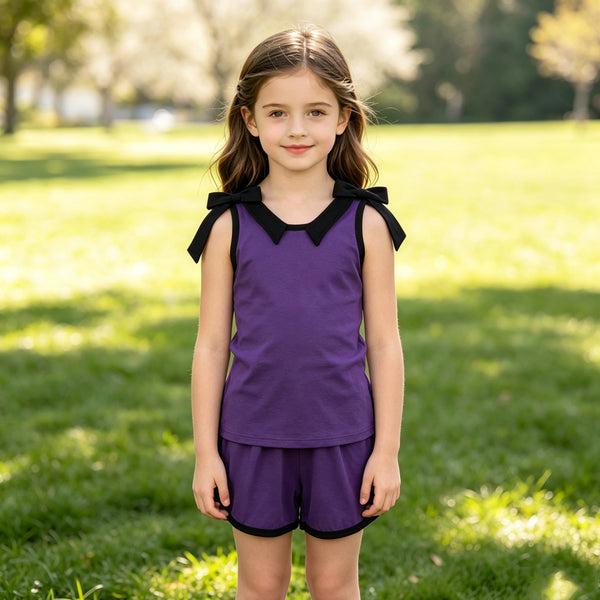 GSSO3815 RTS kids girl clothes cotton purple girl summer shorts set