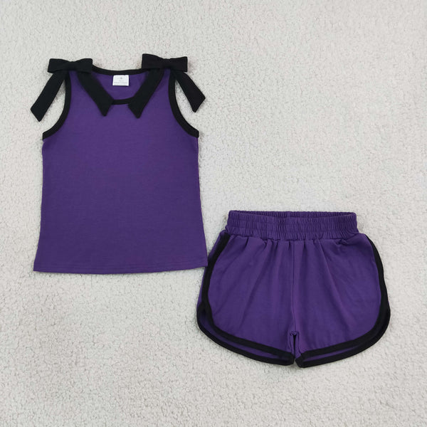GSSO3815 RTS kids girl clothes cotton purple girl summer shorts set