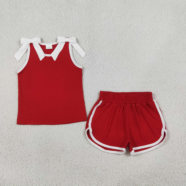 RTS GSSO3821 kids girl clothes cotton red summer bows shorts set