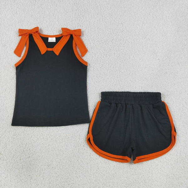 RTS GSSO3822 kids girl clothes cotton orange black summer bows shorts set