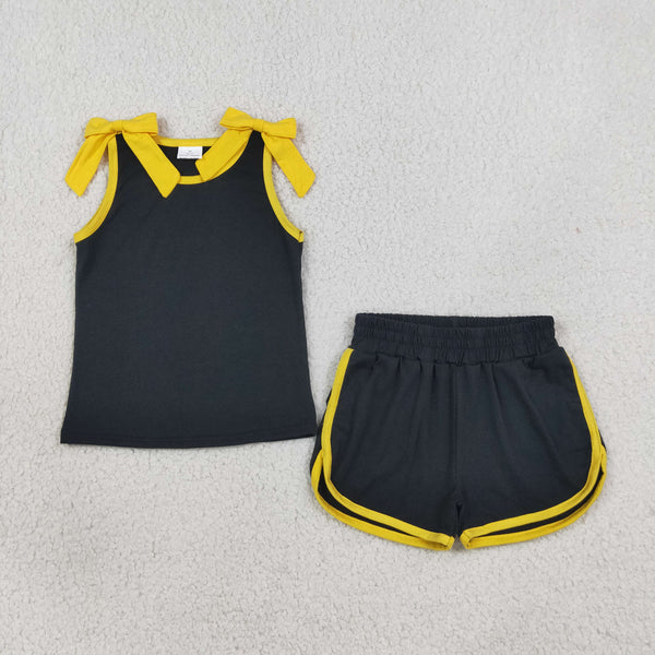 RTS GSSO3823 kids girl clothes cotton black yellow summer bows shorts set