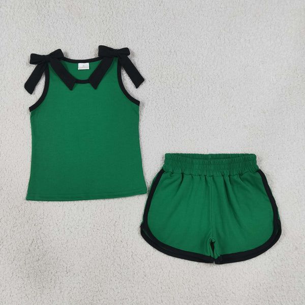 RTS GSSO3825 kids girl clothes bows green cotton summer shorts set