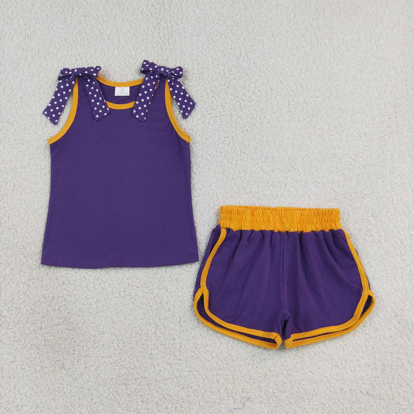 RTS GSSO3826 kids girl clothes cotton purple yellow summer bows shorts set