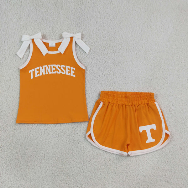 RTS GSSO3829 kids girl clothes cotton orange summer bows shorts set