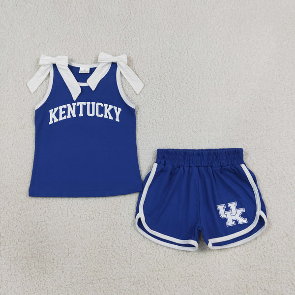 RTS GSSO3830 kids girl clothes cotton blue summer bows shorts set