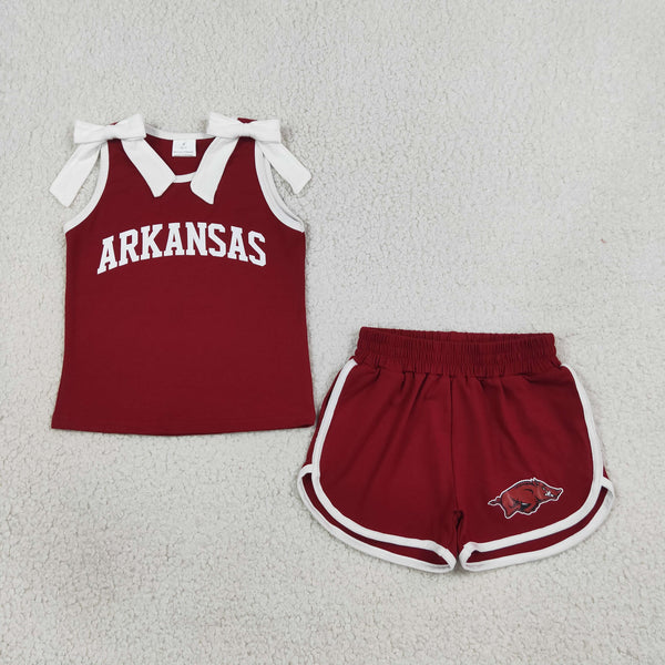 RTS GSSO3833 kids girl clothes cotton red summer bows shorts set