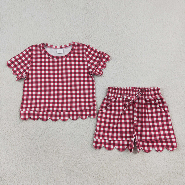 RTS GSSO3836 kids girl clothes scalloped red plaid shorts outfit summer clothes