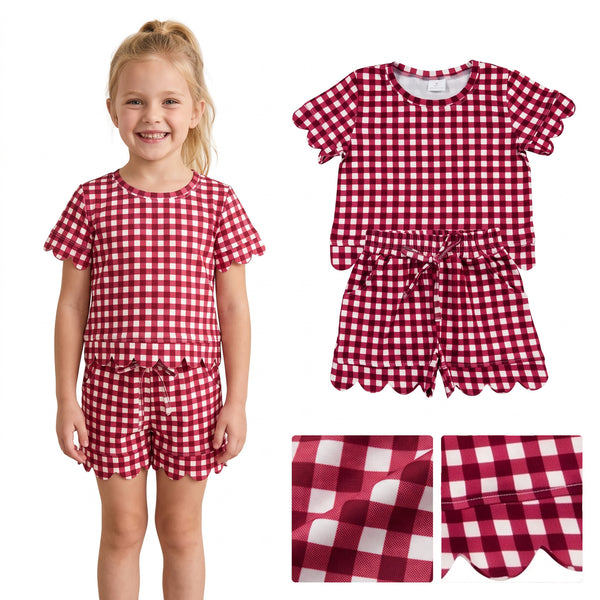 RTS GSSO3836 kids girl clothes scalloped red plaid shorts outfit summer clothes