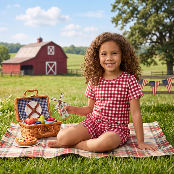 RTS GSSO3836 kids girl clothes scalloped red plaid shorts outfit summer clothes