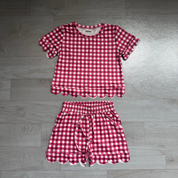 no MOQ GSSO3836 pre-order  toddler girl clothes red plaid scalloped skirt shorts set -real pic 2026.7.28