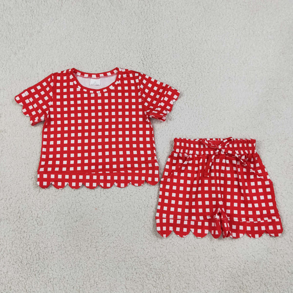 RTS GSSO3838 baby girl clothes gingham print short sleeve scallop pant outfit