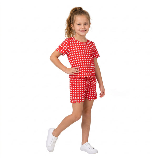 RTS GSSO3838 baby girl clothes gingham print short sleeve scallop pant outfit