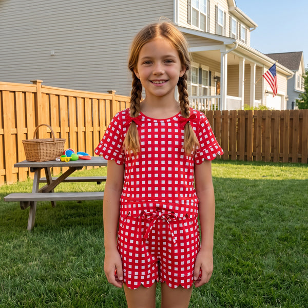 RTS GSSO3838 baby girl clothes gingham print short sleeve scallop pant outfit