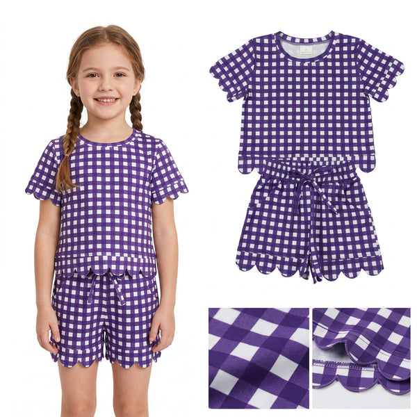 RTS GSSO3841 kids girl clothes scalloped purple plaid shorts outfit summer clothes