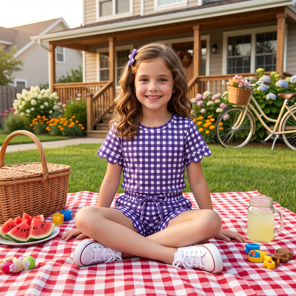 RTS GSSO3841 kids girl clothes scalloped purple plaid shorts outfit summer clothes