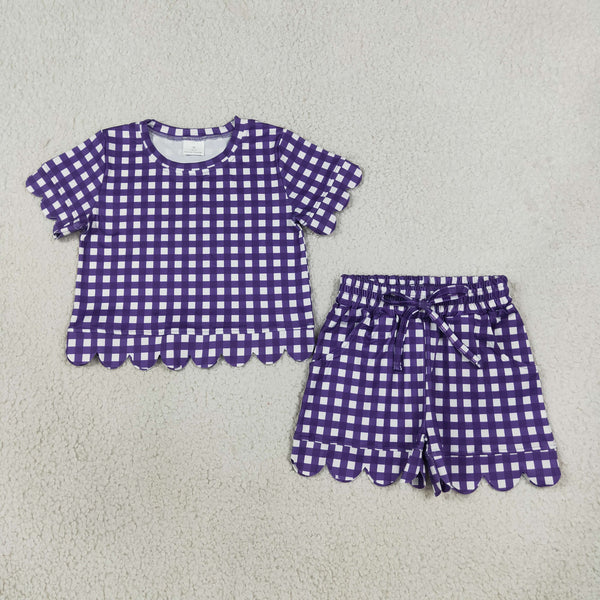 RTS GSSO3841 kids girl clothes scalloped purple plaid shorts outfit summer clothes