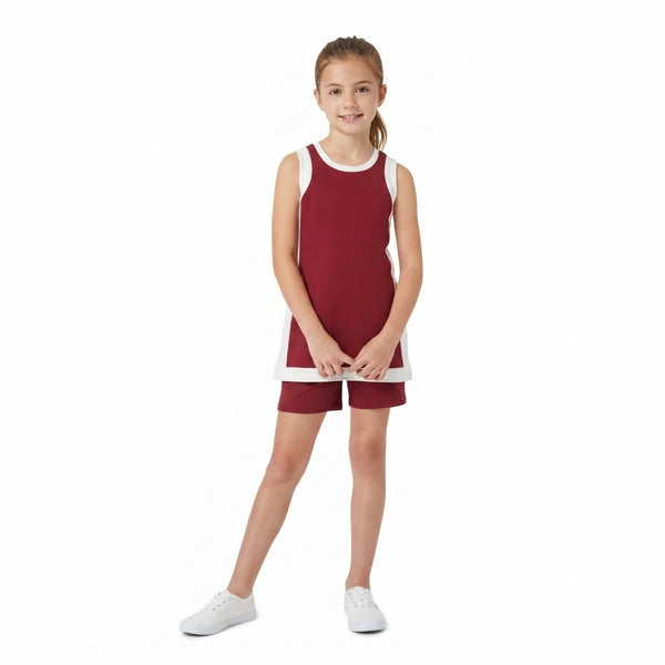 RTS GSSO3848 toddler girl yoga clothes red white trim sleeveless shorts outfit