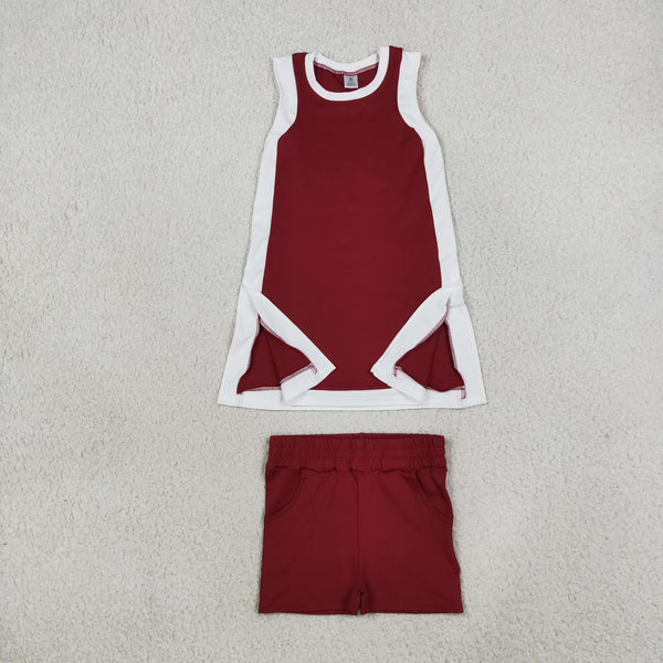 RTS GSSO3848 toddler girl yoga clothes red white trim sleeveless shorts outfit