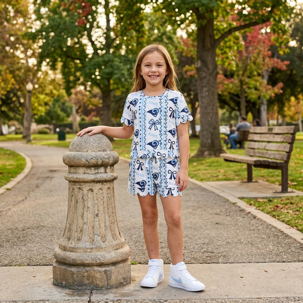 RTS GSSO3853 baby girl clothes bow swirl print short sleeve scallop top short outfit