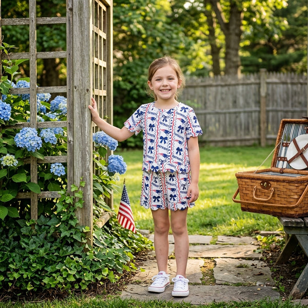 RTS GSSO3854 baby girl clothes patriotic bow stripe print short sleeve scallop pants outfit