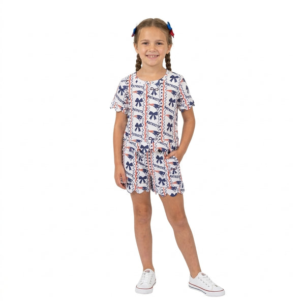 RTS GSSO3854 baby girl clothes patriotic bow stripe print short sleeve scallop pants outfit