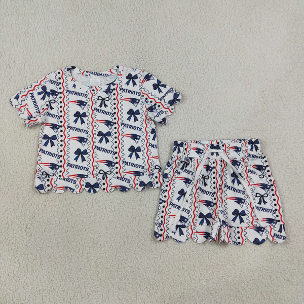 RTS GSSO3854 baby girl clothes patriotic bow stripe print short sleeve scallop pants outfit
