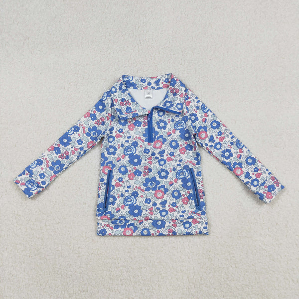 GT1192 RTS girl clothes blue floral girl winter shirt yoga top