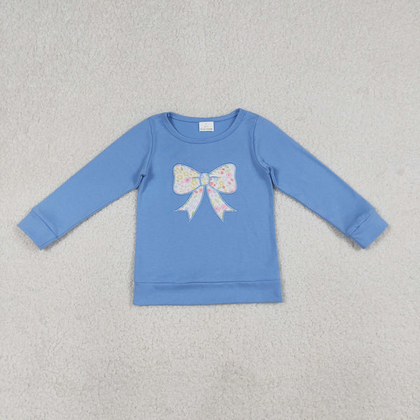 RTS GT1538 kids girl clothes blue bow embroidery girl summer top shirt