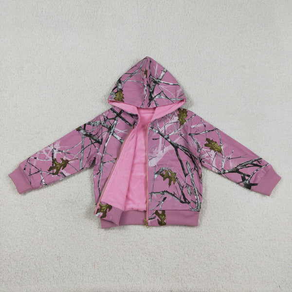 RTS GT1591 kids girl clothes leaves print girl winter top hoodies fur jacket