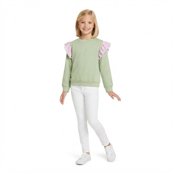 RTS GT1847 toddler girl clothes solid green long sleeve ruffle top