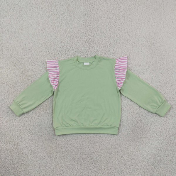 RTS GT1847 toddler girl clothes solid green long sleeve ruffle top